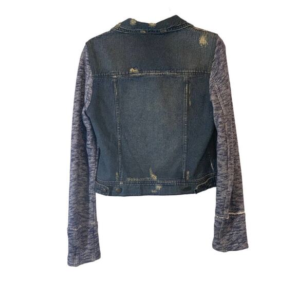 Free People Distressed Denim Body Sweater Sleeves Removable Hood Jacket Small - Picture 2 of 12